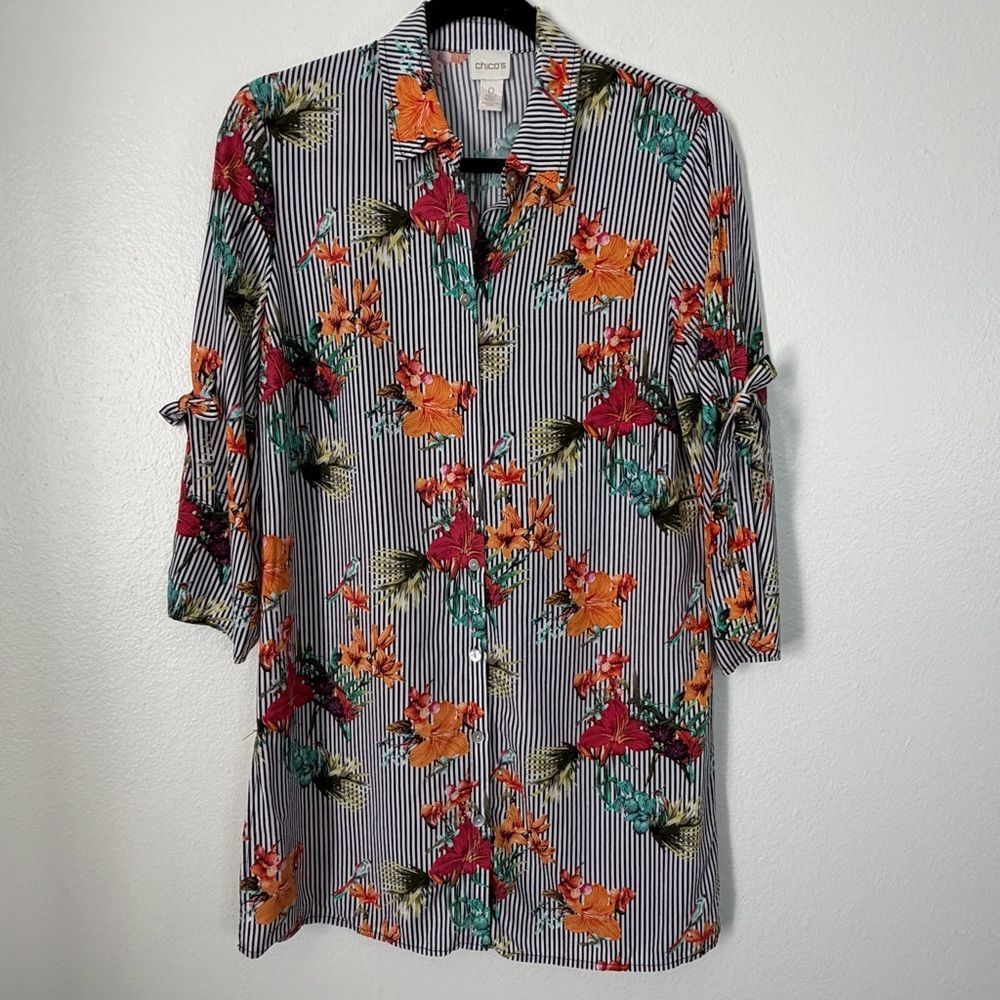 Chicos Tropical Floral Stripe Button Down Tunic Blouse 3/4 Sleeve Sz O (small 4)